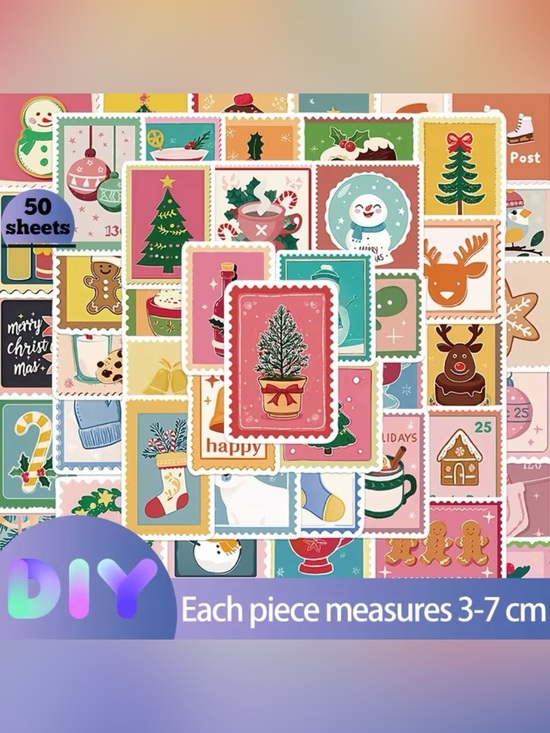 Other - 50 Christmas Iridescent Stickers Stamp Style Trees Reindeer Gingerbread Snowman